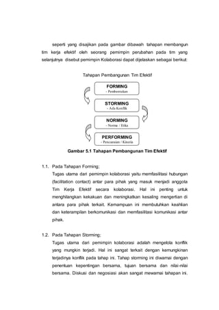 seperti yang disajikan pada gambar dibawah tahapan membangun
tim kerja efektif oleh seorang pemimpin perubahan pada tim yang
selanjutnya disebut pemimpin Kolaborasi dapat dijelaskan sebagai berikut:
Tahapan Pembangunan Tim Efektif
Gambar 5.1 Tahapan Pembangunan Tim Efektif
1.1. Pada Tahapan Forming;
Tugas utama dari pemimpin kolaborasi yaitu memfasilitasi hubungan
(facilitation contact) antar para pihak yang masuk menjadi anggota
Tim Kerja Efektif secara kolaborasi. Hal ini penting untuk
menghilangkan kekakuan dan meningkatkan kesaling mengertian di
antara para pihak terkait. Kemampuan ini membutuhkan keahlian
dan keterampilan berkomunikasi dan memfasilitasi komunikasi antar
pihak.
1.2. Pada Tahapan Storming;
Tugas utama dari pemimpin kolaborasi adalah mengelola konflik
yang mungkin terjadi. Hal ini sangat terkait dengan kemungkinan
terjadinya konflik pada tahap ini. Tahap storming ini diwarnai dengan
penentuan kepentingan bersama, tujuan bersama dan nilai-nilai
bersama. Diskusi dan negosiasi akan sangat mewarnai tahapan ini.
FORMING
- Pembentukan
STORMING
- Ada Konflik
NORMING
- Norma / Etika
PERFORMING
- Pencapaian / Kinerja
 