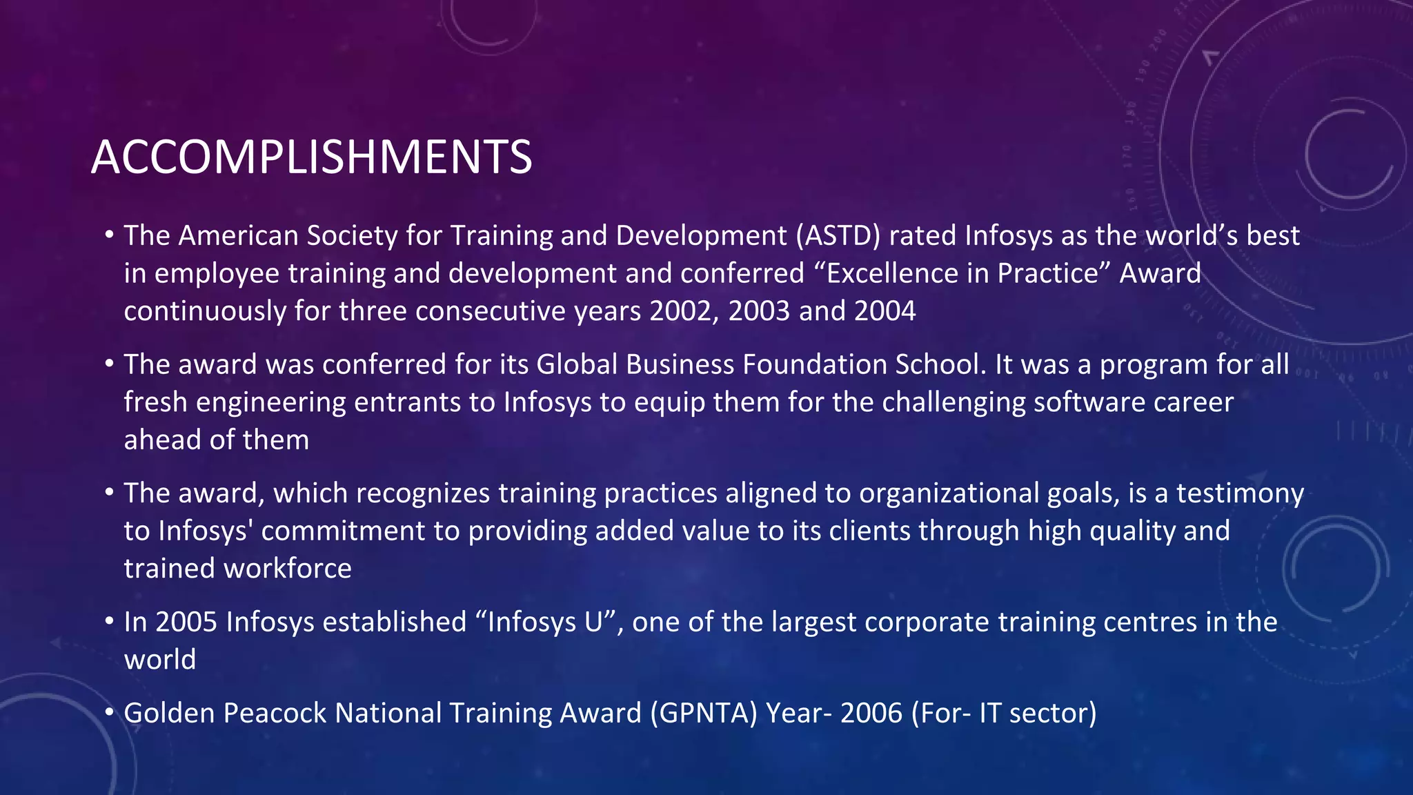 ACCOMPLISHMENTS
• The American Society for Training and Development (ASTD) rated Infosys as the world’s best
in employee training and development and conferred “Excellence in Practice” Award
continuously for three consecutive years 2002, 2003 and 2004
• The award was conferred for its Global Business Foundation School. It was a program for all
fresh engineering entrants to Infosys to equip them for the challenging software career
ahead of them
• The award, which recognizes training practices aligned to organizational goals, is a testimony
to Infosys' commitment to providing added value to its clients through high quality and
trained workforce
• In 2005 Infosys established “Infosys U”, one of the largest corporate training centres in the
world
• Golden Peacock National Training Award (GPNTA) Year- 2006 (For- IT sector)
 