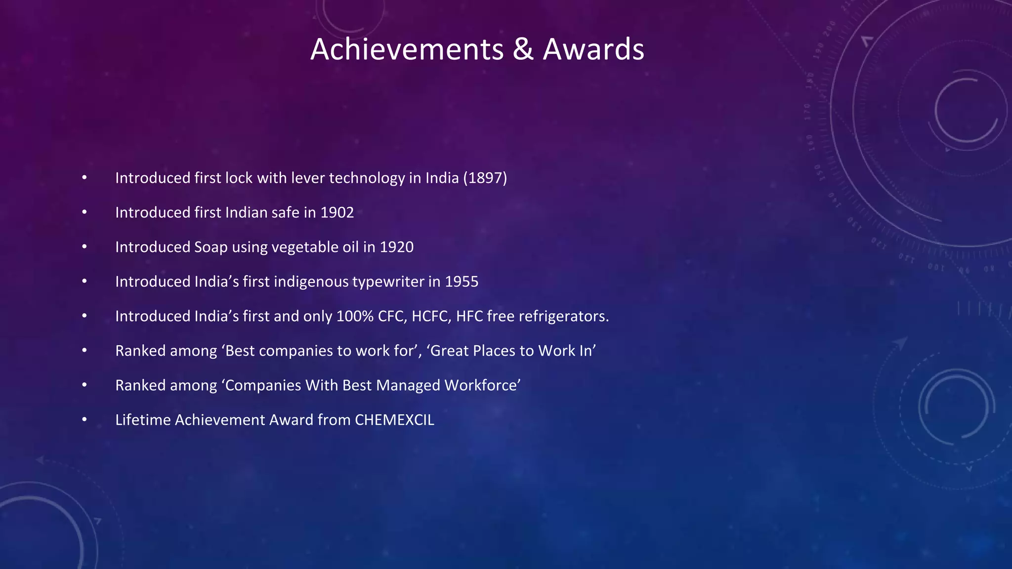 Achievements & Awards
• Introduced first lock with lever technology in India (1897)
• Introduced first Indian safe in 1902
• Introduced Soap using vegetable oil in 1920
• Introduced India’s first indigenous typewriter in 1955
• Introduced India’s first and only 100% CFC, HCFC, HFC free refrigerators.
• Ranked among ‘Best companies to work for’, ‘Great Places to Work In’
• Ranked among ‘Companies With Best Managed Workforce’
• Lifetime Achievement Award from CHEMEXCIL
 