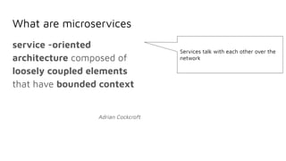 What are microservices
service -oriented
architecture composed of
loosely coupled elements
that have bounded context
Adrian Cockcroft
Services talk with each other over the
network
 