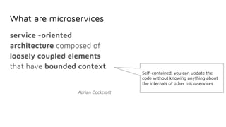 What are microservices
service -oriented
architecture composed of
loosely coupled elements
that have bounded context
Adrian Cockcroft
Self-contained; you can update the
code without knowing anything about
the internals of other microservices
 
