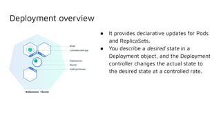 Deployment overview
● It provides declarative updates for Pods
and ReplicaSets.
● You describe a desired state in a
Deployment object, and the Deployment
controller changes the actual state to
the desired state at a controlled rate.
 