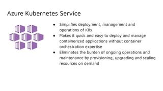 Azure Kubernetes Service
● Simpliﬁes deployment, management and
operations of K8s
● Makes it quick and easy to deploy and manage
containerized applications without container
orchestration expertise
● Eliminates the burden of ongoing operations and
maintenance by provisioning, upgrading and scaling
resources on demand
 