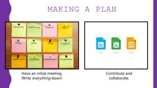 MAKING A PLAN
Have an initial meeting.
Write everything down!
Contribute and
collaborate.
 