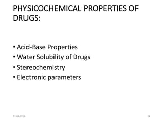 PHYSICOCHEMICAL PROPERTIES OF
DRUGS:
• Acid-Base Properties
• Water Solubility of Drugs
• Stereochemistry
• Electronic parameters
22-04-2016 24
 