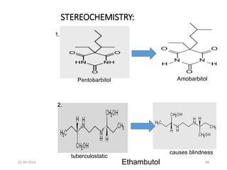 STEREOCHEMISTRY:
Pentobarbitol Amobarbitol
tuberculostatic
causes blindness
Ethambutol
1.
2.
22-04-2016 48
 
