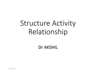 Structure Activity
Relationship
Dr AKSHIL
22-04-2016 1
 