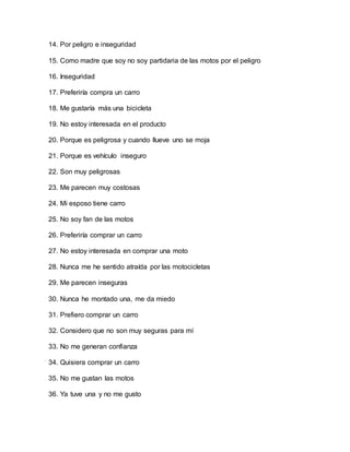 14. Por peligro e inseguridad
15. Como madre que soy no soy partidaria de las motos por el peligro
16. Inseguridad
17. Preferiría compra un carro
18. Me gustaría más una bicicleta
19. No estoy interesada en el producto
20. Porque es peligrosa y cuando llueve uno se moja
21. Porque es vehículo inseguro
22. Son muy peligrosas
23. Me parecen muy costosas
24. Mi esposo tiene carro
25. No soy fan de las motos
26. Preferiría comprar un carro
27. No estoy interesada en comprar una moto
28. Nunca me he sentido atraída por las motocicletas
29. Me parecen inseguras
30. Nunca he montado una, me da miedo
31. Prefiero comprar un carro
32. Considero que no son muy seguras para mí
33. No me generan confianza
34. Quisiera comprar un carro
35. No me gustan las motos
36. Ya tuve una y no me gusto
 
