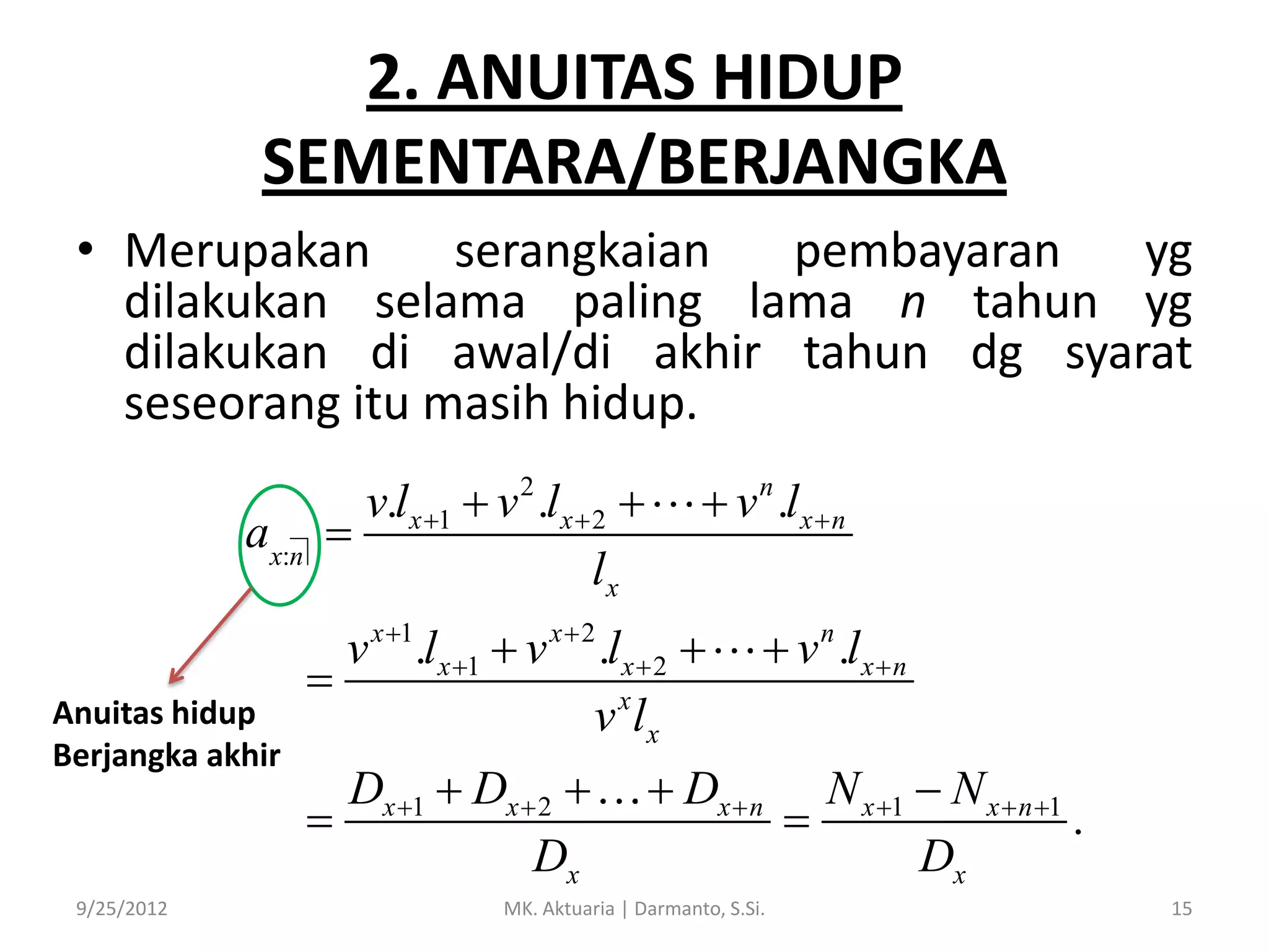 2. ANUITAS HIDUP
SEMENTARA/BERJANGKA
• Merupakan
serangkaian
pembayaran
yg
dilakukan selama paling lama n tahun yg
dilakukan di awal/di akhir tahun dg syarat
seseorang itu masih hidup.
ax:n

Anuitas hidup
Berjangka akhir

9/25/2012

v.lx 1  v 2 .lx  2 

lx


x 1

v .lx 1  v

x2

Dx 1  Dx  2 

Dx

 v n .lx  n

.lx  2 
v x lx

 v .lx  n

 Dx  n

MK. Aktuaria | Darmanto, S.Si.

n

N x 1  N x  n 1

.
Dx
15

 