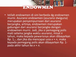 ENDOWMEN
• Istilah endowmen di sini berbeda dg endowmen
murni. Asuransi endowmen (asuransi dwiguna)
merupakan penyempurnaan dari asuransi
berjangka, artinya, endowmen merupakan
gabungan dari asuransi berjangka dengan
endowmen murni. Jadi, jika si pemegang polis
mati selama jangka waktu asuransi, misal n
tahun, maka kepada pewarisnya akan dibayarkan
Rp. 1,-, dan jika dia mencapai usia x + n, maka
kepada pemegang polis akan dibayarkan Rp. 1pada akhir tahun ke x + n.

 