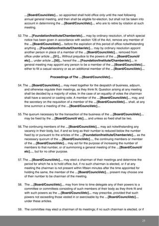 …[Board/Council/etc]… so appointed shall hold office only until the next following
annual general meeting, and then shall be eligible for-election, but shall not be taken into
account in determining the …[Board/Council/etc]… who are to retire by rotation at such
meeting.
52. The …[Foundation/Institute/Chamber/etc]… may by ordinary resolution, of which special
notice has been given in accordance with section 128 of the Act, remove any member of
the …[Board/Council/etc]… before the expiration of this period of office notwithstanding
anything …[Foundation/Institute/Chamber/etc]… may by ordinary resolution appoint
another person in place of a member of the …[Board/Council/etc]… removed from
office under article …[51]... Without prejudice to the powers of the …[Board/Council/
etc]… under article ...[50]... hereof the …[Foundation/Institute/Chamber/etc]… in
general meeting may appoint any person to be a member of the …[Board/Council/etc]…
either to fill a casual vacancy or as an additional member of the …[Board/Council/etc]…
Proceedings of The …[Board/Council/etc]…
54. The …[Board/Council/etc]… may meet together for the despatch of business, adjourn,
and otherwise regulate their meetings, as they think fit. Question arising at any meeting
shall be decided by a majority of votes. In the case of an equality of votes the chairman
shall have a second or casting vote. A member of the …[Board/Council/etc]… may, and
the secretary on the requisition of a member of the …[Board/Council/etc]… shall, at any
time summon a meeting of the …[Board/Council/etc]…
55. The quorum necessary for the transaction of the business of the …[Board/Council/etc]…
may be fixed by the …[Board/Council/ etc]…, and unless so fixed shall be two.
56. The continuing members of the …[Board/Council/etc]… may act notwithstanding any
vacancy in their body, but, if and so long as their number is reduced below the number
fixed by or pursuant to the articles of the …[Foundation/Institute/Chamber/etc]… as the
necessary quorum of the …[Board/Council/etc]…, the continuing members or member
of the …[Board/Council/etc]… may act for the purpose of increasing the number of
members to that number, or of summoning a general meeting of the …[Board/Council/
etc]…, but for no other purpose.
57. The …[Board/Council/etc]… may elect a chairman of their meetings and determine the
period for which he is to hold office; but, if no such chairman is elected, or if at any
meeting the chairman is not present within fifteen minutes after the time appointed for
holding the same, the member of the …[Board/Council/etc]… present may choose one
of their number to be chairman of the meeting.
58. The …[Board/Council/etc]… may from time to time delegate any of their powers to a
committee or committees consisting of such members of their body as they think fit and
with such powers as the …[Board/Council/etc]… may prescribe, provided that such
powers not exceeding those vested in or exercisable by the …[Board/Council/etc]…
under these articles.
59. The committee may elect a chairman of its meetings; if no such chairman is elected, or if
25
 