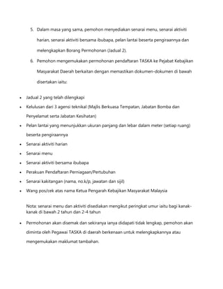 5. Dalam masa yang sama, pemohon menyediakan senarai menu, senarai aktiviti
harian, senarai aktiviti bersama ibubapa, pelan lantai beserta pengiraannya dan
melengkapkan Borang Permohonan (Jadual 2).
6. Pemohon mengemukakan permohonan pendaftaran TASKA ke Pejabat Kebajikan
Masyarakat Daerah berkaitan dengan memastikan dokumen-dokumen di bawah
disertakan iaitu:
Jadual 2 yang telah dilengkapi
Kelulusan dari 3 agensi teknikal (Majlis Berkuasa Tempatan, Jabatan Bomba dan
Penyelamat serta Jabatan Kesihatan)
Pelan lantai yang menunjukkan ukuran panjang dan lebar dalam meter (setiap ruang)
beserta pengiraannya
Senarai aktiviti harian
Senarai menu
Senarai aktiviti bersama ibubapa
Perakuan Pendaftaran Perniagaan/Pertubuhan
Senarai kakitangan (nama, no.k/p, jawatan dan sijil)
Wang pos/cek atas nama Ketua Pengarah Kebajikan Masyarakat Malaysia
Nota: senarai menu dan aktiviti disediakan mengikut peringkat umur iaitu bagi kanakkanak di bawah 2 tahun dan 2-4 tahun
Permohonan akan disemak dan sekiranya ianya didapati tidak lengkap, pemohon akan
diminta oleh Pegawai TASKA di daerah berkenaan untuk melengkapkannya atau
mengemukakan maklumat tambahan.

 