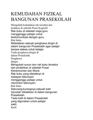 KEMUDAHAN FIZIKAL
BANGUNAN PRASEKOLAH
Mengubah kedudukan rak tersebut dan
letakkan di sebelah Pusat Kognitif.
Rak buku di sebelah meja guru
mengganggu pelajar untuk
berkomunikasi dengan guru.
Rak buku.
Meletakkan sebuah penghawa dingin di
dalam bangunan Prasekolah agar pelajar
berasa selesa untuk belajar.
Tiada penghawa dingin di
dalam Prasekolah.
Penghawa
dingin.
Mengubah susun atur rak buku tersebut
dan pindahkan di sebelah Pusat
Keharmonian dan Moral.
Rak buku yang diletakkan di
hadapan televisyen
mengganggu pelajar untuk
menonton televisyen.
Rak buku
Sekurang-kurangnya sebuah katil
haruslah diletakkan di dalam bangunan
Prasekolah.
Tiada katil di dalam Prasekolah
yang digunakan untuk pelajar
sakit.
Katil.

 
