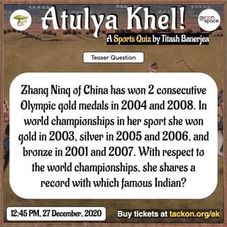 Zhang Ning of China has won 2 consecutive
Olympic gold medals in 2004 and 2008. In
world championships in her sport she won
gold in 2003, silver in 2005 and 2006, and
bronze in 2001 and 2007. With respect to
the world championships, she shares a
record with which famous Indian?
 