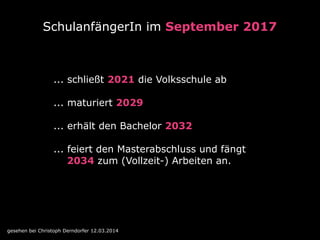 SchulanfängerIn im September 2017
... schließt 2021 die Volksschule ab
 
... maturiert 2029 
... erhält den Bachelor 2032
... feiert den Masterabschluss und fängt 
2034 zum (Vollzeit-) Arbeiten an.
gesehen bei Christoph Derndorfer 12.03.2014
 
