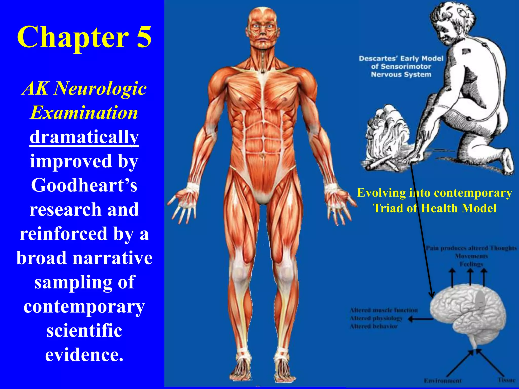 Chapter 5
AK Neurologic
Examination
dramatically
improved by
Goodheart’s
research and
reinforced by a
broad narrative
sampling of
contemporary
scientific
evidence.
Evolving into contemporary
Triad of Health Model
 