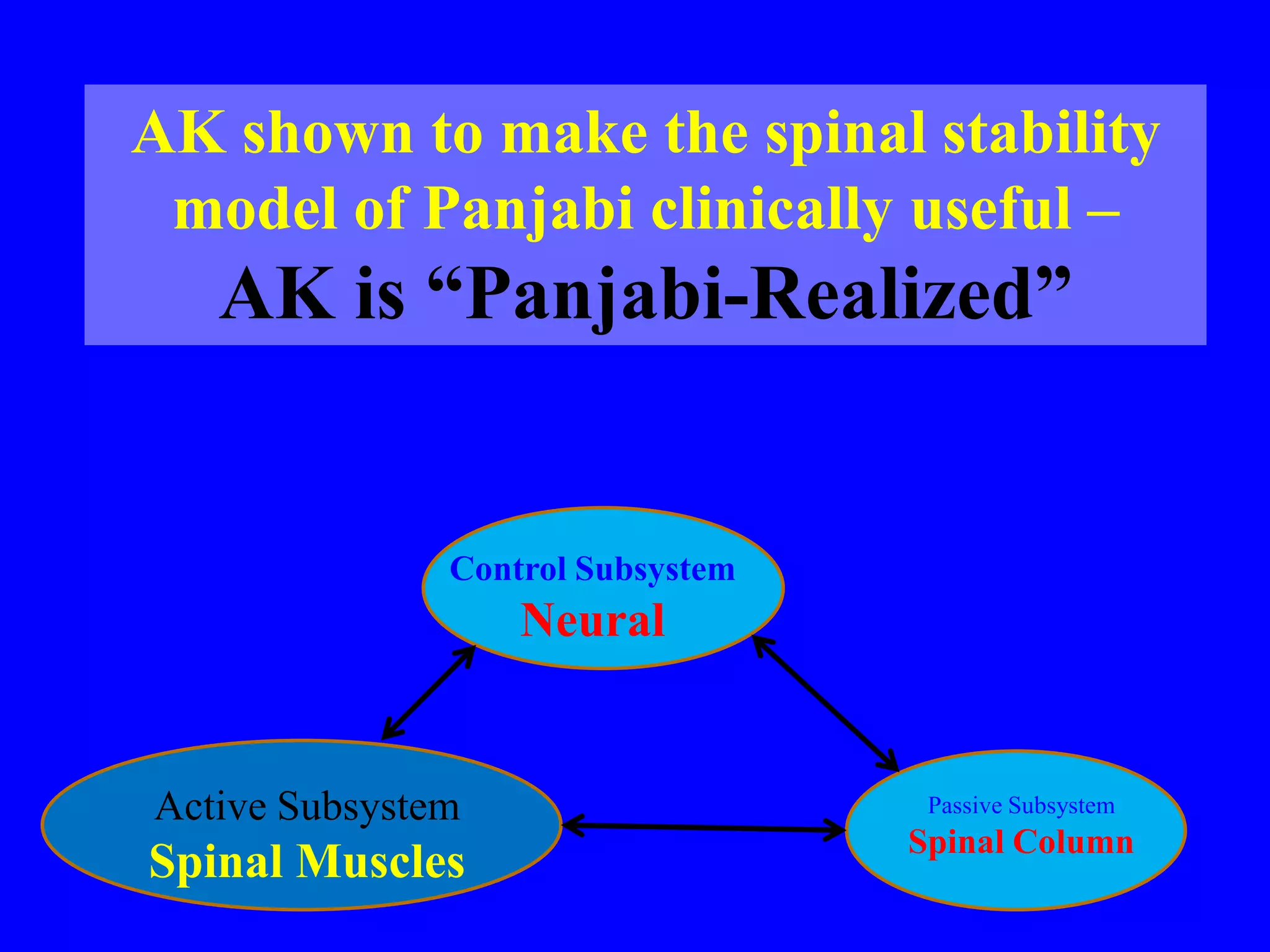 Control Subsystem
Neural
Passive Subsystem
Spinal Column
Active Subsystem
Spinal Muscles
AK shown to make the spinal stability
model of Panjabi clinically useful –
AK is “Panjabi-Realized”
 
