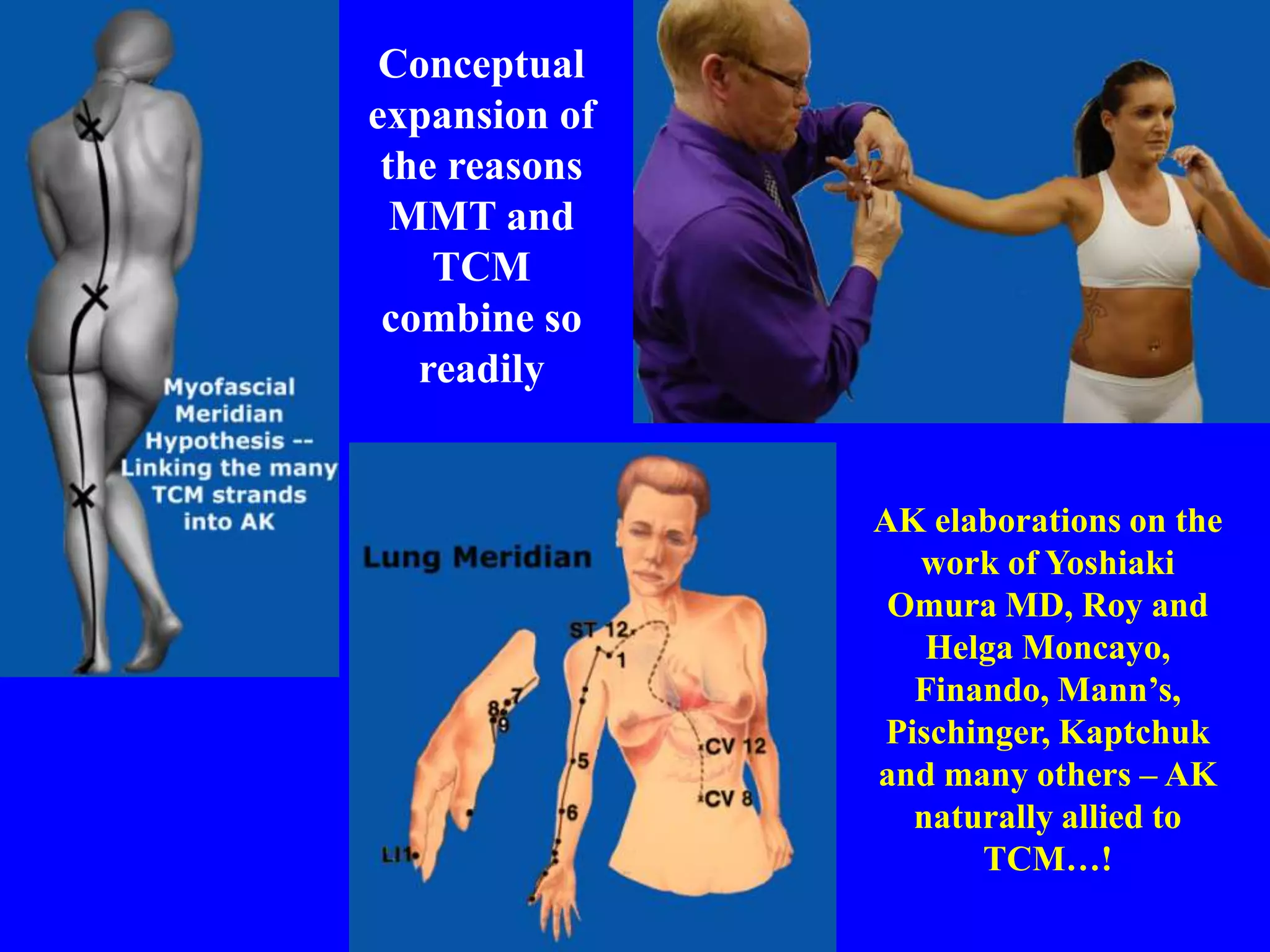 Conceptual
expansion of
the reasons
MMT and
TCM
combine so
readily
AK elaborations on the
work of Yoshiaki
Omura MD, Roy and
Helga Moncayo,
Finando, Mann’s,
Pischinger, Kaptchuk
and many others – AK
naturally allied to
TCM…!
 