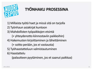 1) Millaista työtä haet ja missä sitä on tarjolla
2) Työnhaun asiakirjat kuntoon
3) Mahdollisten työpaikkojen etsintä
(+ yhteydenotto kiinnostaviin paikkoihin)
4) Hakemusten kirjoittaminen ja lähettäminen
(+ soitto perään, jos ei vastausta)
5) Työhaastatteluun valmistautuminen
6) Haastattelu
(palautteen pyytäminen, jos et saanut paikkaa)
24.4.2015 8
TYÖNHAKU PROSESSINA
 