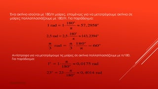 Έ 180/ ,
180/ . :
ο
ο180
1 rad = 1 57, 2958
π
 
ο
ο180
2,5 rad = 2,5 143,2394
π
 
ο
οπ π 180
rad = 60
3 3 π
 
/180.
:
ο
ο
π
23 = 23 0, 4014 rad
180
 
ο
ο
π
1 = 1 0,0175 rad
180
 
lisariteam
 