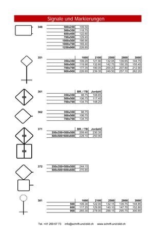 Signale und Markierungen
349 500x250 109.50
500x350 118.75
600x400 122.60
700x500 129.45
1000x500 166.90
1000x700 169.40
1250x900 226.85
351 1600 2100 2500 2800 3000
350x350 109.20 121.90 132.05 139.65 144.75
500x500 119.90 132.60 142.75 150.35 155.45
700x700 177.35 190.05 200.20 207.80 212.90
900x900 226.65 239.35 249.50 257.10 262.20
361 BR. / TB Jordahl
350x350 98.75 108.65
500x500 106.75 117.45
700x700 134.75 148.25
362 350x350 98.75
500x500 106.75
700x700 134.75
Tel. +41 269 67 73 info@schrift-und-bild.ch www.schrift-und-bild.ch
700x700 134.75
371 BR. / TB Jordahl
350x350+500x500 209.40 230.35
500x500+600x600 228.10 250.90
372 350x350+500x500 244.15
500x500+600x600 270.85
381 1600 2100 2500 2800 3000
500 109.30 122.00 132.15 139.75 144.85
600 117.25 129.95 140.10 147.70 152.80
900 265.30 278.00 288.15 295.75 300.85
Tel. +41 269 67 73 info@schrift-und-bild.ch www.schrift-und-bild.ch
 