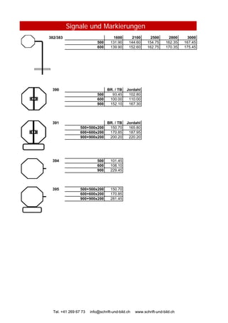 Signale und Markierungen
382/383 1600 2100 2500 2800 3000
500 131.90 144.60 154.75 162.35 167.45
600 139.90 152.60 162.75 170.35 175.45
390 BR. / TB Jordahl
500 93.45 102.80
600 100.00 110.00
900 152.10 167.30
391 BR. / TB Jordahl
500+500x200 150.70 165.80
600+600x200 170.85 187.95
900+900x200 200.20 220.20
394 500 101.45
600 108.10
Tel. +41 269 67 73 info@schrift-und-bild.ch www.schrift-und-bild.ch
600 108.10
900 229.45
395 500+500x200 150.70
600+600x200 170.85
900+900x200 281.45
Tel. +41 269 67 73 info@schrift-und-bild.ch www.schrift-und-bild.ch
 