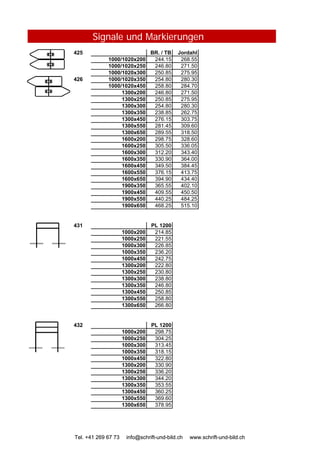 Signale und Markierungen
425 BR. / TB Jordahl
1000/1020x200 244.15 268.55
1000/1020x250 246.80 271.50
1000/1020x300 250.85 275.95
426 1000/1020x350 254.80 280.30
1000/1020x450 258.80 284.70
1300x200 246.80 271.50
1300x250 250.85 275.95
1300x300 254.80 280.30
1300x350 238.85 262.75
1300x450 276.15 303.75
1300x550 281.45 309.60
1300x650 289.55 318.50
1600x200 298.75 328.60
1600x250 305.50 336.05
1600x300 312.20 343.40
1600x350 330.90 364.00
1600x450 349.50 384.45
1600x550 376.15 413.75
1600x650 394.90 434.40
1900x350 365.55 402.10
1900x450 409.55 450.50
1900x550 440.25 484.25
1900x650 468.25 515.10
431 PL 1200
1000x200 214.85
Tel. +41 269 67 73 info@schrift-und-bild.ch www.schrift-und-bild.ch
1000x200 214.85
1000x250 221.55
1000x300 226.85
1000x350 236.20
1000x450 242.75
1300x200 222.80
1300x250 230.80
1300x300 238.80
1300x350 246.80
1300x450 250.85
1300x550 258.80
1300x650 266.80
432 PL 1200
1000x200 298.75
1000x250 304.25
1000x300 313.45
1000x350 318.15
1000x450 322.80
1300x200 330.90
1300x250 336.20
1300x300 344.20
1300x350 353.55
1300x450 360.25
1300x550 369.60
1300x650 378.95
Tel. +41 269 67 73 info@schrift-und-bild.ch www.schrift-und-bild.ch
 