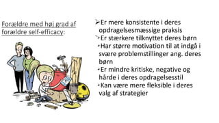 Forældre	med	høj	grad	af	
forældre	self-efficacy:
ØEr	mere	konsistente	i	deres	
opdragelsesmæssige	praksis
ØEr	stærkere	tilknyttet	deres	børn
ØHar	større	motivation	til	at	indgå	i	
svære	problemstillinger	ang.	deres	
børn
ØEr	mindre	kritiske,	negative	og	
hårde	i	deres	opdragelsesstil
ØKan	være	mere	fleksible	i	deres	
valg	af	strategier
 