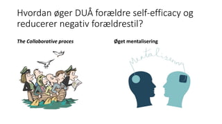 Hvordan	øger	DUÅ	forældre	self-efficacy	og	
reducerer	negativ	forældrestil?	
The	Collaborative proces Øget	mentalisering
 