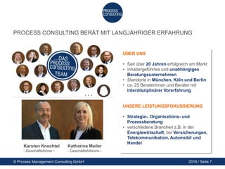 © Process Management Consulting GmbH 2018 / Seite 7
PROCESS CONSULTING BERÄT MIT LANGJÄHRIGER ERFAHRUNG
ÜBER UNS
• Seit über 20 Jahren erfolgreich am Markt
• inhabergeführtes und unabhängiges
Beratungsunternehmen
• Standorte in München, Köln und Berlin
• ca. 25 Beraterinnen und Berater mit
interdisziplinärer Vorerfahrung
UNSERE LEISTUNGSFOKUSSIERUNG
• Strategie-, Organisations- und
Prozessberatung
• verschiedene Branchen z.B. in der
Energiewirtschaft, bei Versicherungen,
Telekommunikation, Automobil und
Handel
Karsten Knechtel
- Geschäftsführer -
Katharina Meiler
- Geschäftsführerin -
 