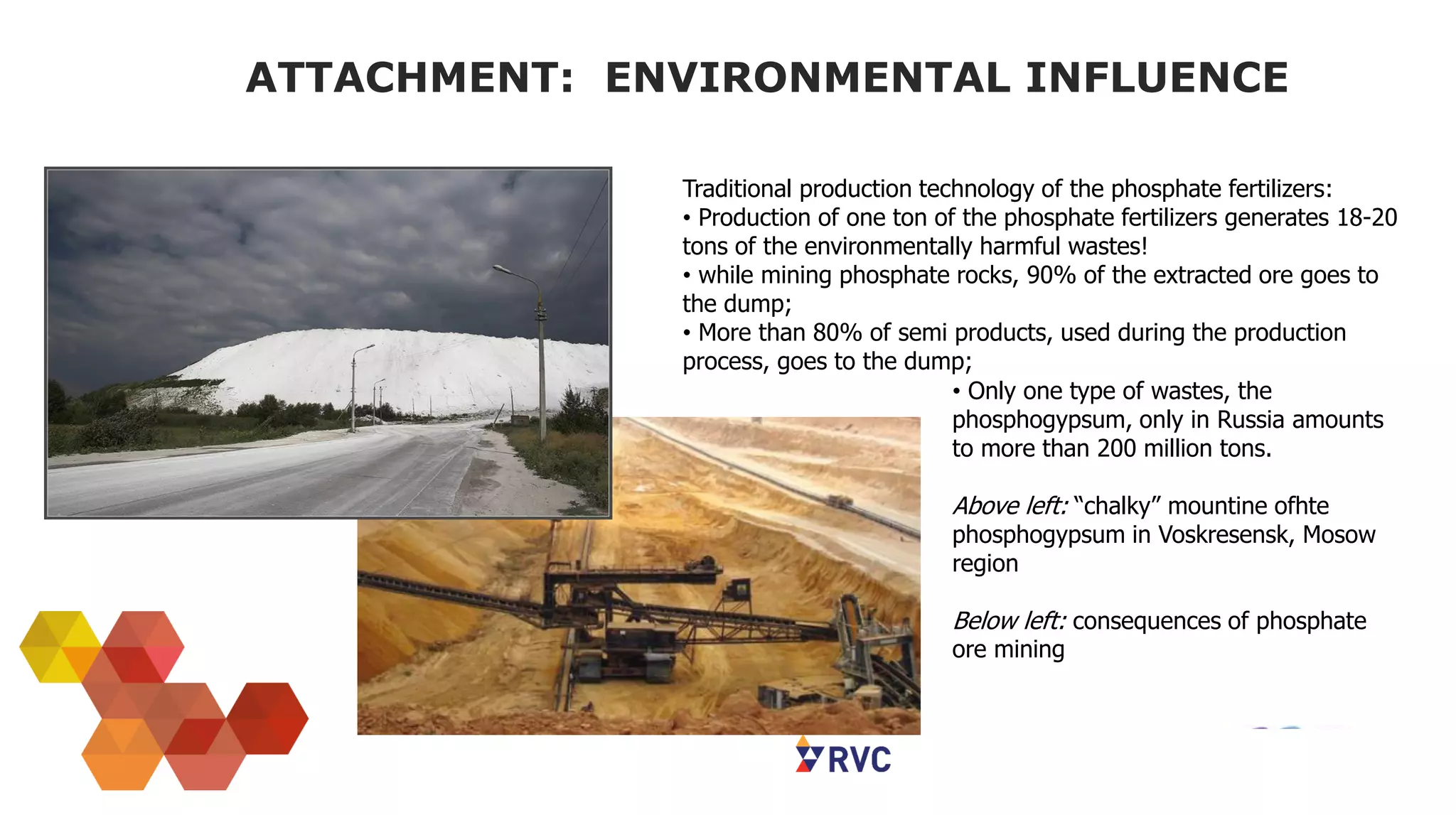 ATTACHMENT: ENVIRONMENTAL INFLUENCE
Traditional production technology of the phosphate fertilizers:
• Production of one ton of the phosphate fertilizers generates 18-20
tons of the environmentally harmful wastes!
• while mining phosphate rocks, 90% of the extracted ore goes to
the dump;
• More than 80% of semi products, used during the production
process, goes to the dump;
• Only one type of wastes, the
phosphogypsum, only in Russia amounts
to more than 200 million tons.
Above left: “chalky” mountine ofhte
phosphogypsum in Voskresensk, Mosow
region
Below left: consequences of phosphate
ore mining
 