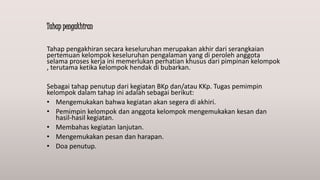Tahap pengakhiran
Tahap pengakhiran secara keseluruhan merupakan akhir dari serangkaian
pertemuan kelompok keseluruhan pengalaman yang di peroleh anggota
selama proses kerja ini memerlukan perhatian khusus dari pimpinan kelompok
, terutama ketika kelompok hendak di bubarkan.
Sebagai tahap penutup dari kegiatan BKp dan/atau KKp. Tugas pemimpin
kelompok dalam tahap ini adalah sebagai berikut:
• Mengemukakan bahwa kegiatan akan segera di akhiri.
• Pemimpin kelompok dan anggota kelompok mengemukakan kesan dan
hasil-hasil kegiatan.
• Membahas kegiatan lanjutan.
• Mengemukakan pesan dan harapan.
• Doa penutup.
 