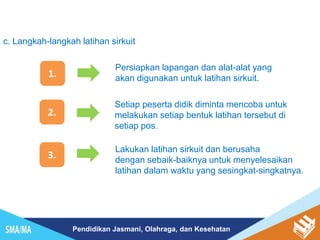 Pendidikan Jasmani, Olahraga, dan Kesehatan
c. Langkah-langkah latihan sirkuit
1.
Persiapkan lapangan dan alat-alat yang
akan digunakan untuk latihan sirkuit.
2.
Setiap peserta didik diminta mencoba untuk
melakukan setiap bentuk latihan tersebut di
setiap pos.
3.
Lakukan latihan sirkuit dan berusaha
dengan sebaik-baiknya untuk menyelesaikan
latihan dalam waktu yang sesingkat-singkatnya.
 