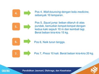 Pendidikan Jasmani, Olahraga, dan Kesehatan
4. Pos 4, Wall-bouncing dengan bola medicine,
sebanyak 10 lemparan.
5.
Pos 5, Squat jump: beban ditaruh di atas
pundak, kemudian lompat-lompat dengan
kedua kaki sejauh 10 m dan kembali lagi.
Berat beban kira-kira 15 kg.
6. Pos 6, Naik turun tangga.
7. Pos 7, Press 10 kali. Berat beban kira-kira 20 kg.
 