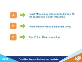 Pendidikan Jasmani, Olahraga, dan Kesehatan
8. Pos 8, Menendang bola sepak ke tembok, 10
kali dengan kaki kiri dan kaki kanan.
9. Pos 9, Rowing 10 kali. Berat beban 20 kg.
10. Pos 10, Lari 400 m secepatnya.
 