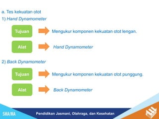 Pendidikan Jasmani, Olahraga, dan Kesehatan
a. Tes kekuatan otot
1) Hand Dynamometer
Tujuan Mengukur komponen kekuatan otot lengan.
Alat Hand Dynamometer
2) Back Dynamometer
Tujuan Mengukur komponen kekuatan otot punggung.
Alat Back Dynamometer
 