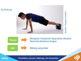 Pendidikan Jasmani, Olahraga, dan Kesehatan
2) Push-up
Tujuan
Mengukur komponen daya tahan dinamis
lokal otot ekstensor lengan.
Alat Bidang yang datar
Sumber:
Pixabay.com/keifit
 