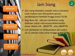 Jam Siang
Beranda

Materi

VIDEO/ foto

Penyusun

Keluar

 Jam siang diadakan setelah isoma (istirahat
solat makan) dan dilanjutkan proses
pembelajaran kembali hingga pukul 16.00
 Bagi kelas XII , ada jam tambahan yang
dilakuan untuk menunjang keberhasilan
siswa dalam UN , SNMPTN , atau SBMPTN.
 Jam tambahan ini dilaksanakan dari pukul
16.15 setelah solat ashar hingga pukul 17.15.

 