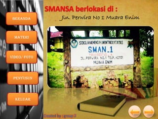 Beranda

Materi

VIDEO/ foto

Penyusun

Keluar

Jln. Perwira No 1 Muara Enim

 