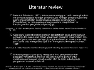 Literatur review  Menurut Schulman (1987), walaupun seorang guru perlu melengkapkan diri dengan pelbagai kategori pengetahuan, kategori pengetahuan yang paling menonjol ialah pengetahuan pedagogi-isi kandungan. Pengetahuan ini merupakan gabungan antara pengetahuan isi kandungan dan pengetahuan pedagogi.  (Schulman, L. S. (1987).  Knowledge and Teaching: Foundations of the New System . Harvard Education Review, 57. Pp 1-22. ) Guru-guru telah dibekalkan dengan pengetahuan asas, pengetahuan pedagogi dan dalam dua dekad yang lepas, terdapat penambahan ilmu iaitu pengetahuan asas pedagogi yang membezakan asas utama bagi guru sains iaitu mengetahui apa dan mengetahui kenapa(Shulman, 1986) (Shulman, L. S. (1986). Those who understand: Knowledge growth in teaching.  Educational Researcher, 15(2), 4-14 .) Di kalangan guru-guru yang menguasai ilmu pengetahuan dan pedagogi yang terhad, mereka tidak mempunyai pilihan untuk melakukan pengajaran yang luas dan oleh itu lebih suka kepada pengajaran secara tradisional. (Talbert, J. E. & McLaughlin, M. W. 1993. Understanding teaching in context. Dlm. Teaching for understanding: Challenges for policy and practice . D.K. Cohen,M. W. McLaughlin & J. E. Talbert (pnyt.). San Francisco: Jossey-Base Publishers.) ? 