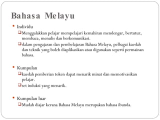 Bahasa Melayu Individu  Menggalakkan pelajar mempelajari kemahiran mendengar, bertutur,  membaca, menulis dan berkomunikasi. dalam pengajaran dan pembelajaran Bahasa Melayu, pelbagai kaedah dan teknik yang boleh diaplikasikan atau digunakan seperti permainan bahasa. Kumpulan  kaedah pemberian token dapat menarik minat dan memotivasikan pelajar. set induksi yang menarik. Kumpulan luar Mudah diajar kerana Bahasa Melayu merupakan bahasa ibunda. 