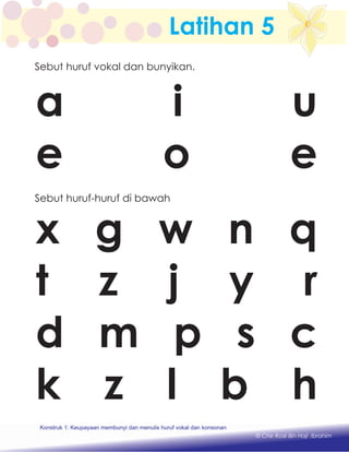 Latihan 5
x g w n q
t z j y r
d m p s c
k z l b h
Sebut huruf-huruf di bawah
a i u
e o e
Sebut huruf vokal dan bunyikan.
Konstruk 1 : Keupayaan membaca dan menulis perkataan huruf vokal dan konsonan.Konstruk 1: Keupayaan membunyi dan menulis huruf vokal dan konsonan
© Che Rosli Bin Haji Ibrahim
 