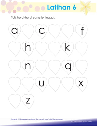 Latihan 6
a c f
h k
n q
u x
z
Tulis huruf-huruf yang tertinggal.
Konstruk 1 : Keupayaan membaca dan menulis perkataan huruf vokal dan konsonan.Konstruk 1: Keupayaan membunyi dan menulis huruf vokal dan konsonan
© Che Rosli Bin Haji Ibrahim
 