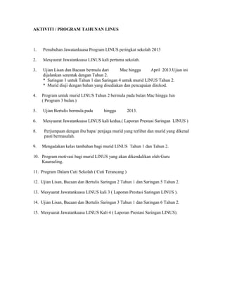 AKTIVITI / PROGRAM TAHUNAN LINUS



1.   Penubuhan Jawatankuasa Program LINUS peringkat sekolah 2013

2.   Mesyuarat Jawatankuasa LINUS kali pertama sekolah.

3.   Ujian Lisan dan Bacaan bermula dari      Mac hingga      April 2013.Ujian ini
     dijalankan serentak dengan Tahun 2.
     * Saringan 1 untuk Tahun 1 dan Saringan 4 untuk murid LINUS Tahun 2.
     * Murid diuji dengan bahan yang disediakan dan pencapaian direkod.

4.   Program untuk murid LINUS Tahun 2 bermula pada bulan Mac hingga Jun
     ( Program 3 bulan.)

5.   Ujian Bertulis bermula pada      hingga        2013.

6.   Mesyuarat Jawatankuasa LINUS kali kedua.( Laporan Prestasi Saringan LINUS )

8.    Perjumpaan dengan ibu bapa/ penjaga murid yang terlibat dan murid yang dikenal
      pasti bermasalah.

9.   Mengadakan kelas tambahan bagi murid LINUS Tahun 1 dan Tahun 2.

10. Program motivasi bagi murid LINUS yang akan dikendalikan oleh Guru
    Kaunseling.

11. Program Dalam Cuti Sekolah ( Cuti Terancang )

12. Ujian Lisan, Bacaan dan Bertulis Saringan 2 Tahun 1 dan Saringan 5 Tahun 2.

13. Mesyuarat Jawatankuasa LINUS kali 3 ( Laporan Prestasi Saringan LINUS ).

14. Ujian Lisan, Bacaan dan Bertulis Saringan 3 Tahun 1 dan Saringan 6 Tahun 2.

15. Mesyuarat Jawatankuasa LINUS Kali 4 ( Laporan Prestasi Saringan LINUS).
 
