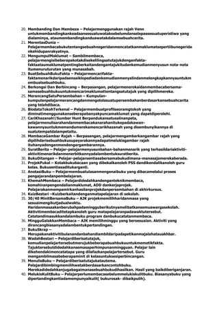20. Membanding Dan Membeza – Pelajarmenggunakan rajah Venn
untukmembandingkankeadaansesuatuwataksebelumdanselepassesuatuperistiwa yang
dialaminya, ataumembandingkanduawatakdalamsebuahcerita.
21. MerentasDunia –
Pelajarmembacabukutentangsebuahnegeridanmencatatkanmaklumatsepertiibunegerida
nkehidupanrakyatnya.
22. MengumpulMaklumat – Sambilmembaca,
pelajarmengisibeberapakotakdisekelilingsatutajukdenganfakta-
faktaataumaklumatpentingberkaitandengantajukitudankemudianmenyusun nota-nota
itumenuruturutan yang munasabah.
23. BuatSebuahBukuFakta – Pelajarmencarifakta-
faktamenarikdaripadaensaiklopediadankemudianmenyalindanmelengkapkannyauntukm
embuatsebuahbuku.
24. Berkongsi Dan Berbincang – Berpasangan, pelajarmenerokaidanmembacabersama-
samasebuahbukuuntukmencarimaklumattentangsatutajuk yang dipilihmereka.
25. MerancangSatuPersembahan – Kumpulan-
kumpulanpelajarmerancangdanmengelolasuatupersembahanberdasarkansebuahcarita
yang telahdibaca.
26. BiodataTokohTerkenal – Pelajarmembuatprofilseoramgtokoh yang
diminatimenggunakanseberapabanyakpuncamaklumat yang dapatdiperolehi.
27. CariKhazanah!/Sumber Hunt Berpandukansatusalinanpeta,
pelajarmenulisarahandanmembacakanarahanitukepadakawan-
kawannyauntukmemandumerekamencarikhazanah yang disembunyikannya di
suatutempatdalampetaitu.
28. MembacaGambar Rajah – Berpasangan, pelajarmengambarkangambar rajah yang
dipilihdarisebuahbukusupayarakannyadapatmelukisgambar rajah
ituhanyadenganmendengargambarannya.
29. SuratBerita – Pelajar-pelajarmenyusunbahan-bahanmenarik yang terhasildariaktiviti-
aktivitimenarikdanmenerbitkannyadalambentuksuratberita.
30. BukuDitangan – Pelajar-pelajarsentiasabersamabukudimana-manasajamerekaberada.
31. ProjekPukal – Kotakbukubacaan yang dibekalkanoleh PSS dandikendalikanoleh guru
kelas. Bukusentiasaditukarganti.
32. AnotasiBuku – Pelajarmembuatulasanmengenaibuku yang dibacamelalui proses
pengajarandanpembelajaran.
33. KhemahMembaca – Pelajardidedahkandenganteknikmembaca,
kemahiranpengendalianmaklumat, ADD dankerjaprojek.
Pelajarakanmempamirkanhasilanprojekdanpersembahan di akhirkursus.
34. KuizBestari –Kuizberkaitandenganmatapelajaran di sekolah.
35. 30/40 MinitBersamaBuku – AJK projekmemilihharidanmasa yang
sesuaimengikutjadualwaktu.
Haridanmasaakanberubahpadamingguberikutnyamelibatkansemuawargasekolah.
Aktivitimembacaditetapkanoleh guru matapelajaranpadawaktutersebut.
Catatandimasukkandalambuku program danbukucatatanmembaca.
36. MingguGalakkanMembaca – AJK memilihminggu yang bersesuaian. Aktiviti yang
dirancangbiasanyadalambentukpertandingan.
37. BukuSkrap –
Merupakanaktivitibulanandanbahandiambildaripadapetikanmajalahatauakhbar.
38. WadahBestari – Pelajardiberisatutajuk,
kemudianpelajartersebutmerujukbeberapabuahbukuuntukmemetikfakta.
Tajuktersebutdidedahkansemasaperhimpunanmingguan. Pelajar lain
dikehendakimencatatapa yang dilafazkanpelajartersebut. Guru
mengambilmasabeberapaminit di kelasuntuksesiperbincangan.
39. MenulisBuku – Pelajardiberisatutajukatautema.
Pelajardibimbingmemilihwatakberdasarkancontohbuku.
Merekadidedahkanjugabagaimanasebuahbukudihasilkan. Hasil yang baikdiberiganjaran.
40. MelukisKulitBuku – Pelajarperlumembacasebelummelukiskulitbuku. Biasanyabuku yang
dipertandingkantiadamempunyaikulit( bukurosak- dibaikpulih).
 