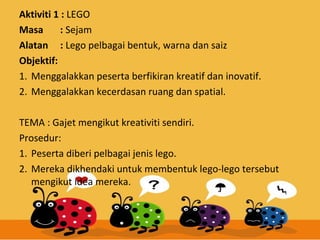 Aktiviti 1 : LEGO
Masa
: Sejam
Alatan : Lego pelbagai bentuk, warna dan saiz
Objektif:
1. Menggalakkan peserta berfikiran kreatif dan inovatif.
2. Menggalakkan kecerdasan ruang dan spatial.
TEMA : Gajet mengikut kreativiti sendiri.
Prosedur:
1. Peserta diberi pelbagai jenis lego.
2. Mereka dikhendaki untuk membentuk lego-lego tersebut
mengikut idea mereka.

 