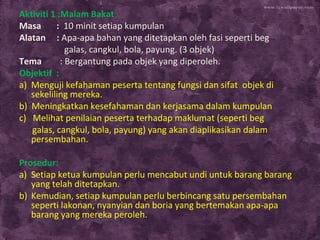 Aktiviti 1 :Malam Bakat
Masa
: 10 minit setiap kumpulan
Alatan : Apa-apa bahan yang ditetapkan oleh fasi seperti beg
galas, cangkul, bola, payung. (3 objek)
Tema
: Bergantung pada objek yang diperoleh.
Objektif :
a) Menguji kefahaman peserta tentang fungsi dan sifat objek di
sekeliling mereka.
b) Meningkatkan kesefahaman dan kerjasama dalam kumpulan
c) Melihat penilaian peserta terhadap maklumat (seperti beg
galas, cangkul, bola, payung) yang akan diaplikasikan dalam
persembahan.
Prosedur:
a) Setiap ketua kumpulan perlu mencabut undi untuk barang barang
yang telah ditetapkan.
b) Kemudian, setiap kumpulan perlu berbincang satu persembahan
seperti lakonan, nyanyian dan boria yang bertemakan apa-apa
barang yang mereka peroleh.

 