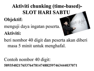 Aktiviti chunking (time-based)SLOT HARI SABTU
Objektif:
menguji daya ingatan peserta.
Aktiviti:
beri nombor 40 digit dan peserta akan diberi
masa 5 minit untuk menghafal.
Contoh nombor 40 digit:
5893548217653764781474882597463444037071

 