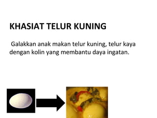 KHASIAT TELUR KUNING
Galakkan anak makan telur kuning, telur kaya
dengan kolin yang membantu daya ingatan.

 