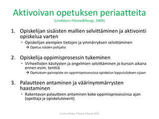 Aktivoivan opetuksen periaatteita
                       (Lindblom-Ylänne&Nevgi, 2009)

1. Opiskelijan sisäisten mallien s...